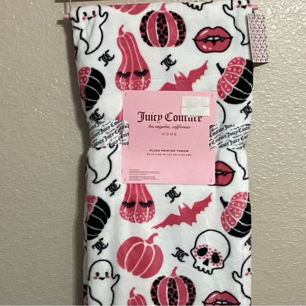 Juicy Couture White Plush Throw with Pink & Black Halloween Designs